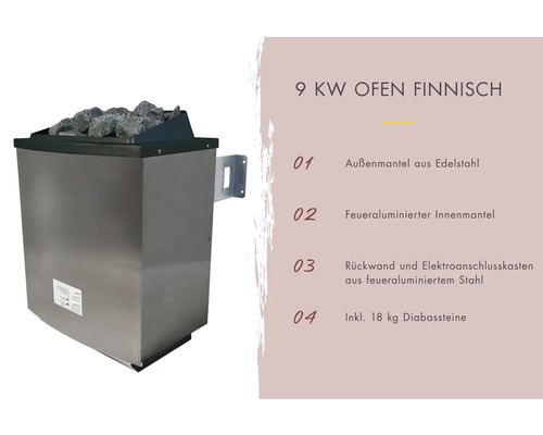 Finnischer 9-Kilowatt-Saunaofen mit Diabassteinen und Edelstahldesign