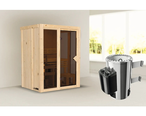 Plug & Play Sauna Iravos 1 inkl. 3,6 kW Ofen u.integr. Steuerung und bronzierter Ganzglastüre