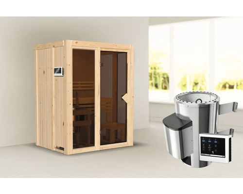 Plug & Play Sauna Iravos 1 inkl. 3,6 kW Ofen u.ext. Steuerung und bronzierter Ganzglastüre