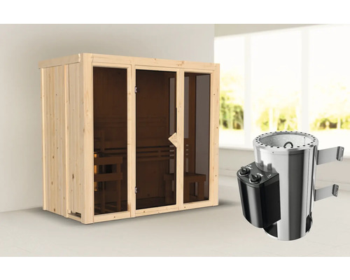 Plug & Play Sauna Iravos 2 inkl. 3,6 kW Ofen u.integr. Steuerung und bronzierter Ganzglastüre