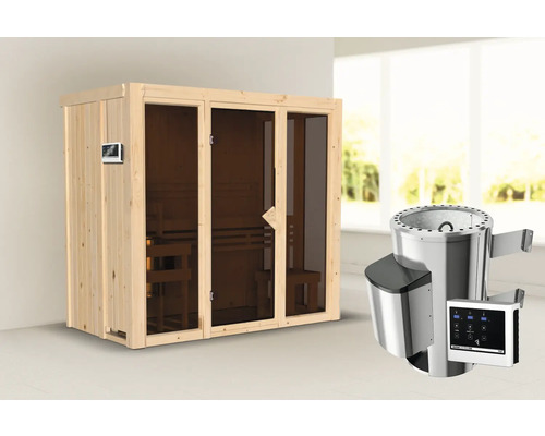 Plug & Play Sauna Iravos 2 inkl. 3,6 kW Ofen u.ext. Steuerung und bronzierter Ganzglastüre