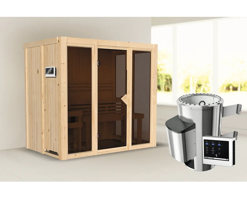 Plug & Play Sauna Iravos 3 inkl. 3,6 kW Ofen u.ext. Steuerung und bronzierter Ganzglastüre