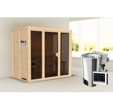 Plug & Play Sauna Iravos 3 inkl. 3,6 kW Bio Ofen u.ext. Steuerung und bronzierter Ganzglastüre