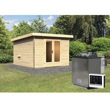 Saunahaus Karibu Sainburga 1 inkl. 9 kW Bio Ofen u.ext. Steuerung mit Vorraum und bronzierter Ganzglastüre