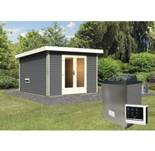 Saunahaus Karibu Sainburga 1 inkl. 9 KW Ofen u.ext.Steuerung mit Vorraum und Holztüre mit Klarglas terragrau