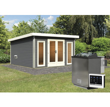 Saunahaus Karibu Sainburga 3 inkl. 9 kW Bio Ofen u.ext. Steuerung mit Vorraum und bronzierter Ganzglastüre terragrau
