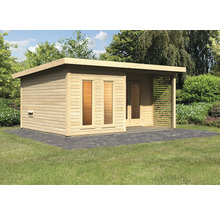 Gartenhaus aus Holz mit Flachdach und Terrasse