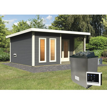 Saunahaus Karibu Sainburga 5 inkl. 9 KW Ofen u.ext.Steuerung mit Vorraum und bronzierter Ganzglastüre terragrau