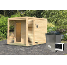 Holzsauna mit Saunaofen und Bedienfeld für den Außenbereich