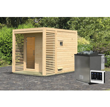 Saunahaus Karibu Angkora 2 inkl. 9 kW Bio Ofen u.ext. Steuerung mit Fenster und Ganzglastür aus Klarglas