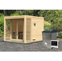Saunahaus Karibu Angkora 3 inkl. 9 KW Ofen u.ext.Steuerung mit Fenster und Ganzglastür aus Klarglas