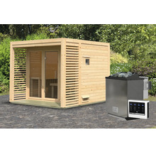 Saunahaus Karibu Angkora 3 inkl. 9 kW Bio Ofen u.ext. Steuerung mit Fenster und Ganzglastür aus Klarglas