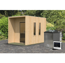 Saunahaus Karibu Sagunas inkl. 9 kW Bio Ofen u.ext. Steuerung mit Fenster und Ganzglastür aus Klarglas