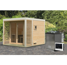 Saunahaus Karibu Sares 3 inkl. 9 kW Bio Ofen u.ext. Steuerung mit Fenster und Ganzglastür aus Klarglas weiß