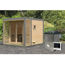 Saunahaus Karibu Sares 3 inkl. 9 KW Ofen u.ext.Steuerung mit Fenster und Ganzglastür aus Klarglas staubgrau