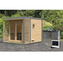 Saunahaus Karibu Sares 3 inkl. 9 kW Bio Ofen u.ext. Steuerung mit Fenster und Ganzglastür aus Klarglas staubgrau