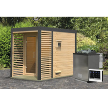 Saunahaus Karibu Hybrid 1 inkl. 9 kW Bio Ofen u.ext. Steuerung mit Fenster und Ganzglastür aus Klarglas Metallumrahmung anthrazit