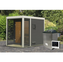 Saunahaus Karibu Sares 1 inkl. 9 KW Ofen u.ext.Steuerung mit Fenster und Ganzglastür aus Klarglas terragrau/weiß