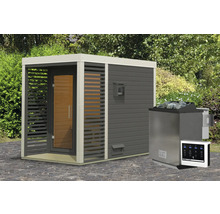 Saunahaus Karibu Sares 1 inkl. 9 kW Bio Ofen u.ext. Steuerung mit Fenster und Ganzglastür aus Klarglas terragrau/weiß