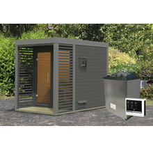 Saunahaus Karibu Sares 1 inkl. 9 KW Ofen u.ext.Steuerung mit Fenster und Ganzglastür aus Klarglas staubgrau/terragrau