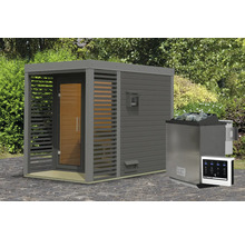 Saunahaus Karibu Sares 1 inkl. 9 kW Bio Ofen u.ext. Steuerung mit Fenster und Ganzglastür aus Klarglas staubgrau/terragrau