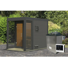 Saunahaus Karibu Sares 1 inkl. 9 KW Ofen u.ext.Steuerung mit Fenster und Ganzglastür aus Klarglas anthrazit/terragrau