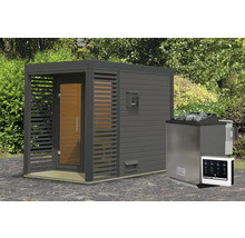 Saunahaus Karibu Sares 1 inkl. 9 kW Bio Ofen u.ext. Steuerung mit Fenster und Ganzglastür aus Klarglas anthrazit/terragrau