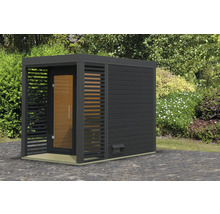 Saunahaus Karibu Hybrid 1 ohne Ofen mit Fenster und Ganzglastür aus Klarglas anthrazit