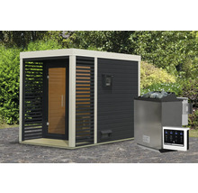 Saunahaus Karibu Sares 1 inkl. 9 kW Bio Ofen u.ext. Steuerung mit Fenster und Ganzglastür aus Klarglas anthrazit/weiß