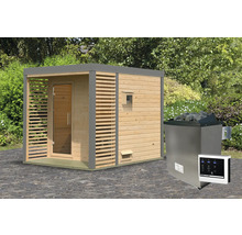 Saunahaus Karibu Sares 2 inkl. 9 KW Ofen u.ext.Steuerung mit Fenster und Ganzglastür aus Klarglas staubgrau