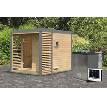 Saunahaus Karibu Sares 2 inkl. 9 kW Bio Ofen u.ext. Steuerung mit Fenster und Ganzglastür aus Klarglas staubgrau