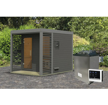 Saunahaus Karibu Sares 2 inkl. 9 KW Ofen u.ext.Steuerung mit Fenster und Ganzglastür aus Klarglas staubgrau/terragrau