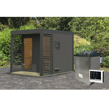 Saunahaus Karibu Sares 2 inkl. 9 KW Ofen u.ext.Steuerung mit Fenster und Ganzglastür aus Klarglas anthrazit/terragrau