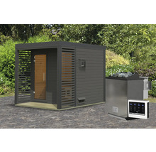 Saunahaus Karibu Sares 2 inkl. 9 kW Bio Ofen u.ext. Steuerung mit Fenster und Ganzglastür aus Klarglas anthrazit/terragrau