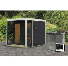 Saunahaus Karibu Sares 2 inkl. 9 kW Bio Ofen u.ext. Steuerung mit Fenster und Ganzglastür aus Klarglas anthrazit/weiß