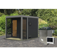 Saunahaus Karibu Sares 2 inkl. 9 KW Ofen u.ext.Steuerung mit Fenster und Ganzglastür aus Klarglas anthrazit/staubgrau