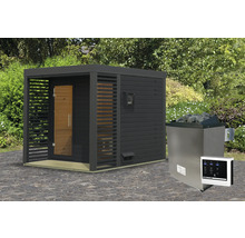 Saunahaus Karibu Hybrid 2 inkl. 9 KW Ofen u.ext.Steuerung mit Fenster und Ganzglastür aus Klarglas anthrazit