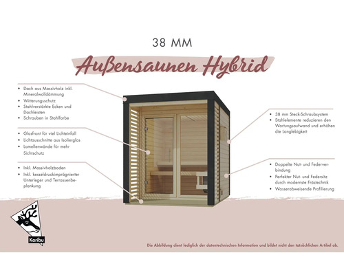 Außensauna Hybrid 38 Millimeter mit Glasfront und Lamellenwänden