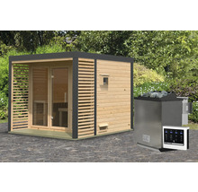 Saunahaus Karibu Hybrid 3 inkl. 9 kW Bio Ofen u.ext. Steuerung mit Fenster und Ganzglastür aus Klarglas Metallumrahmung anthrazit