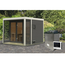 Saunahaus Karibu Sares 3 inkl. 9 KW Ofen u.ext.Steuerung mit Fenster und Ganzglastür aus Klarglas terragrau/weiß