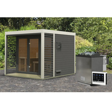 Saunahaus Karibu Sares 3 inkl. 9 kW Bio Ofen u.ext. Steuerung mit Fenster und Ganzglastür aus Klarglas terragrau/weiß