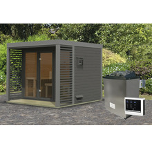 Saunahaus Karibu Sares 3 inkl. 9 KW Ofen u.ext.Steuerung mit Fenster und Ganzglastür aus Klarglas staubgrau/terragrau
