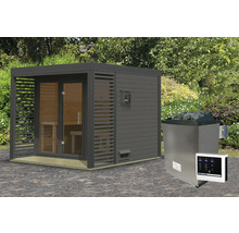 Saunahaus Karibu Sares 3 inkl. 9 KW Ofen u.ext.Steuerung mit Fenster und Ganzglastür aus Klarglas anthrazit/terragrau