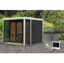 Saunahaus Karibu Sares 3 inkl. 9 KW Ofen u.ext.Steuerung mit Fenster und Ganzglastür aus Klarglas anthrazit/weiß