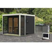 Saunahaus Karibu Sares 3 inkl. 9 kW Bio Ofen u.ext. Steuerung mit Fenster und Ganzglastür aus Klarglas anthrazit/weiß