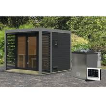 Saunahaus Karibu Sares 3 inkl. 9 kW Bio Ofen u.ext. Steuerung mit Fenster und Ganzglastür aus Klarglas anthrazit/staubgrau