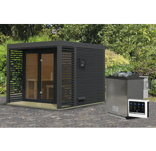 Saunahaus Karibu Hybrid 3 inkl. 9 kW Bio Ofen u.ext. Steuerung mit Fenster und Ganzglastür aus Klarglas anthrazit