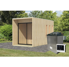 Saunahaus Karibu Miramor inkl. 9 KW Ofen u.ext.Steuerung mit Vorraum und Ganzglastür aus Klarglas