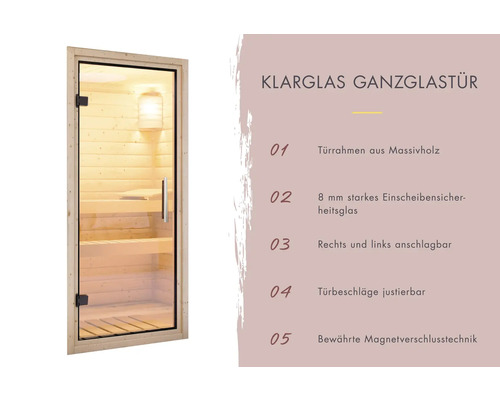 Ganzglastür mit Massivholzrahmen für Sauna