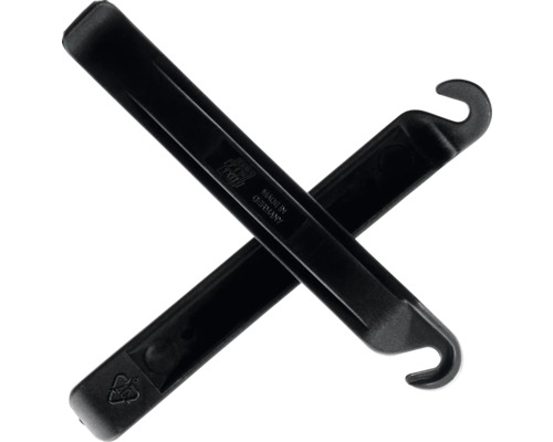 Zwei schwarze Reifenheber aus Kunststoff gekreuzt.